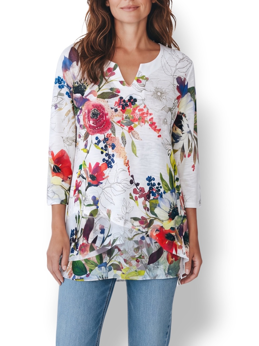 4/$20 Jess & Jane Floral Rhinestone Sheer Hem Tunic Top Large Made USA